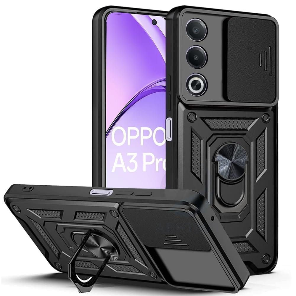 A rtistque Armor Bumper Back Case Cover for Oppo A3 Pro 5G | Stylish Ring Holder & Inbuilt Stand | Sliding Camera Cover | Shockproof TPU Protective Design | Oppo A3 Pro 5g Mobile Cover - Black A rtistque Armor Bumper Back Case Cover for Oppo A3 Pro 5G | 