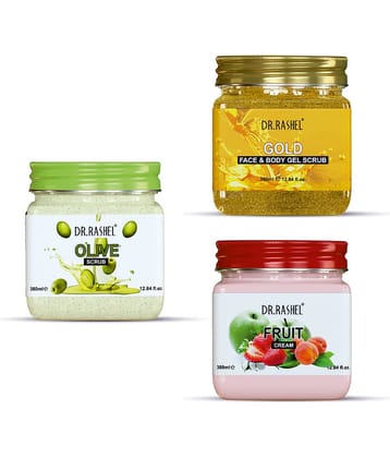 DR.RASHEL Olive Scrub, Gold Gel Scrub and Fruit Cream for Face and Body (380 ml, Pack of 3)