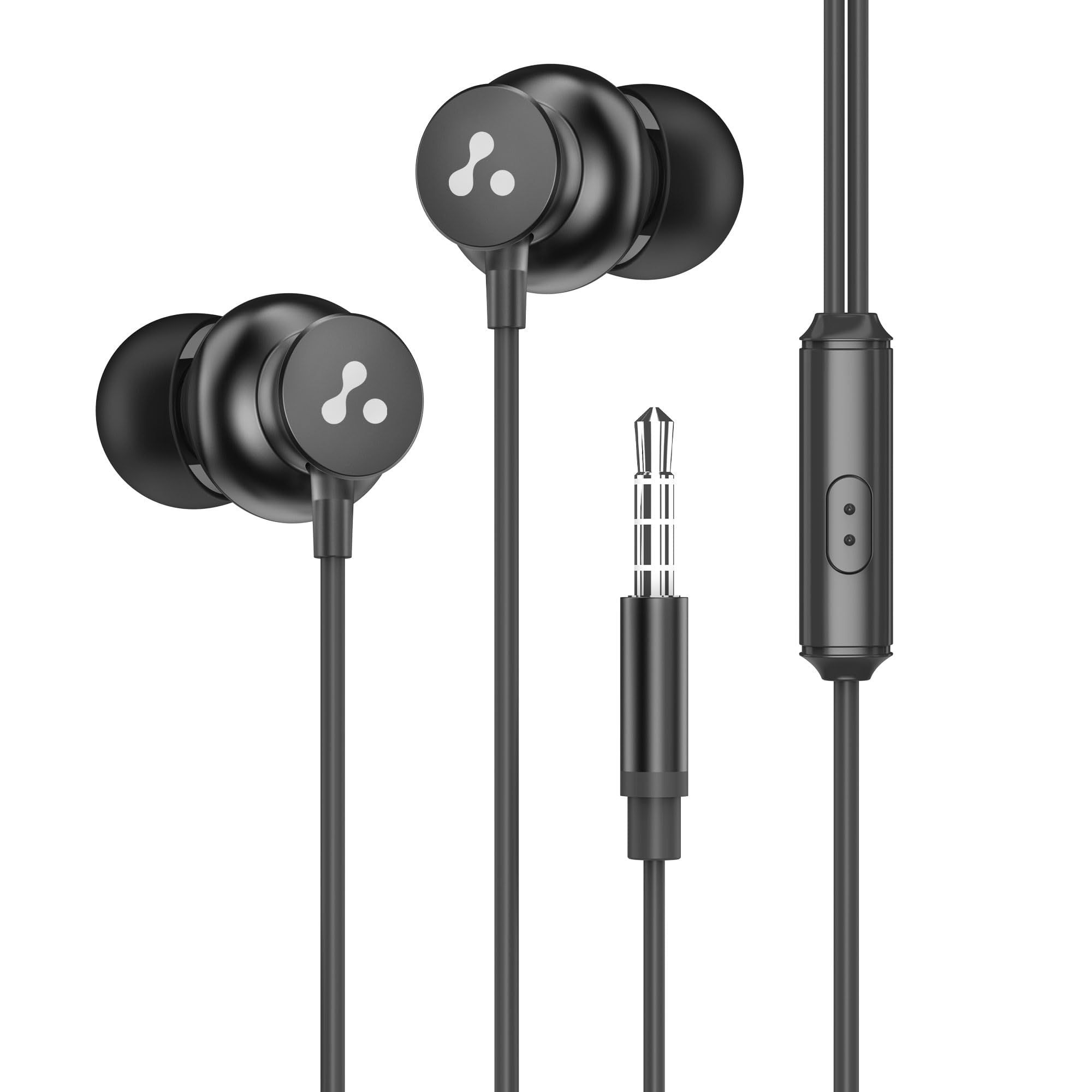 Ambrane Stringz 38 Wired Headphones with Mic, Powerful HD Sound with High Bass, Tangle Free Cable, Comfort in Ear Fit, 3.5mm Jack (Black), Normal