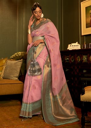 Carnation Pink Woven Banarasi Linen Brocade Saree