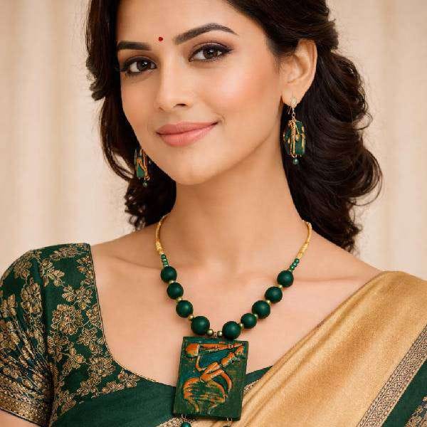 Terracotta Dark Green Festive Jewelry Set for All Ages Girls