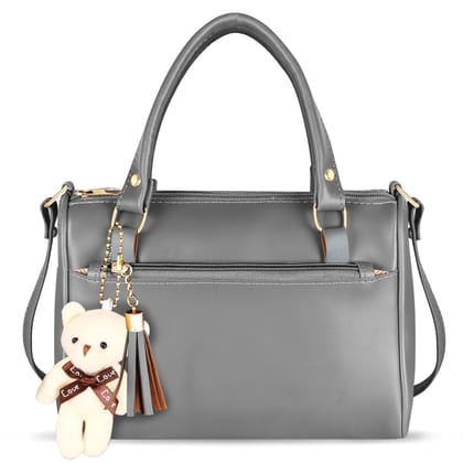 Grey Luxurious Faux Leather Handbag With Teddy Bear For Women And Girls HB19