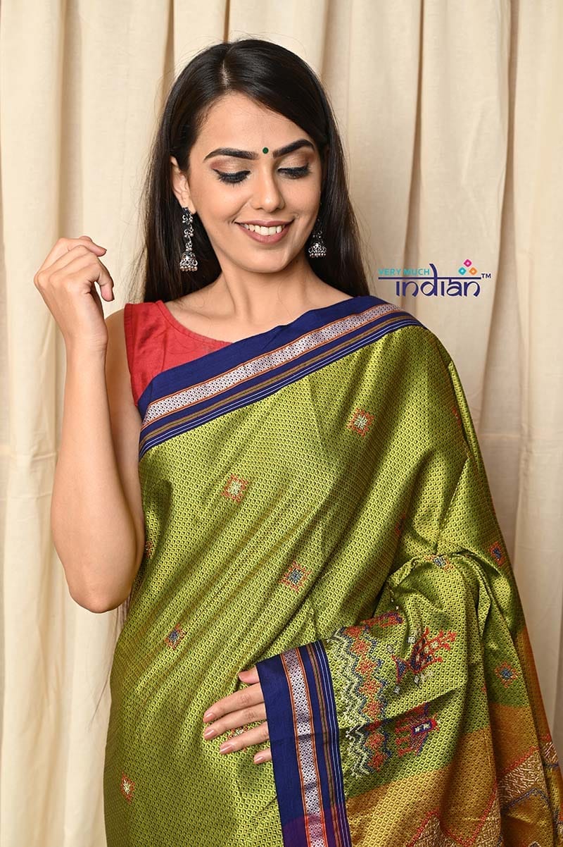 Traditional Khun Saree - Cotton Resham Authentic Handwoven, Leaf Green with Yellow Pallu with Kashida Work -  Navy Blue Border