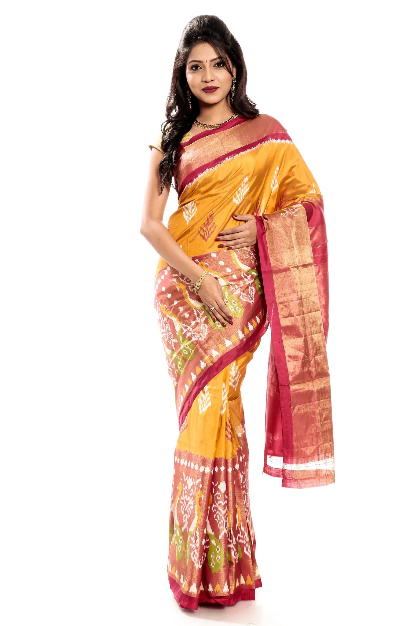 Pochampally Saree - Ikkat Silk Saree in Turmeric Yellow - Red