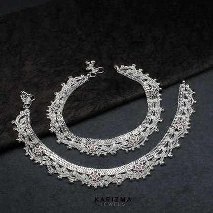 Real Sterling Silver Indian women brides design Multi CZ Anklet Ankle Bracelet 10.3"