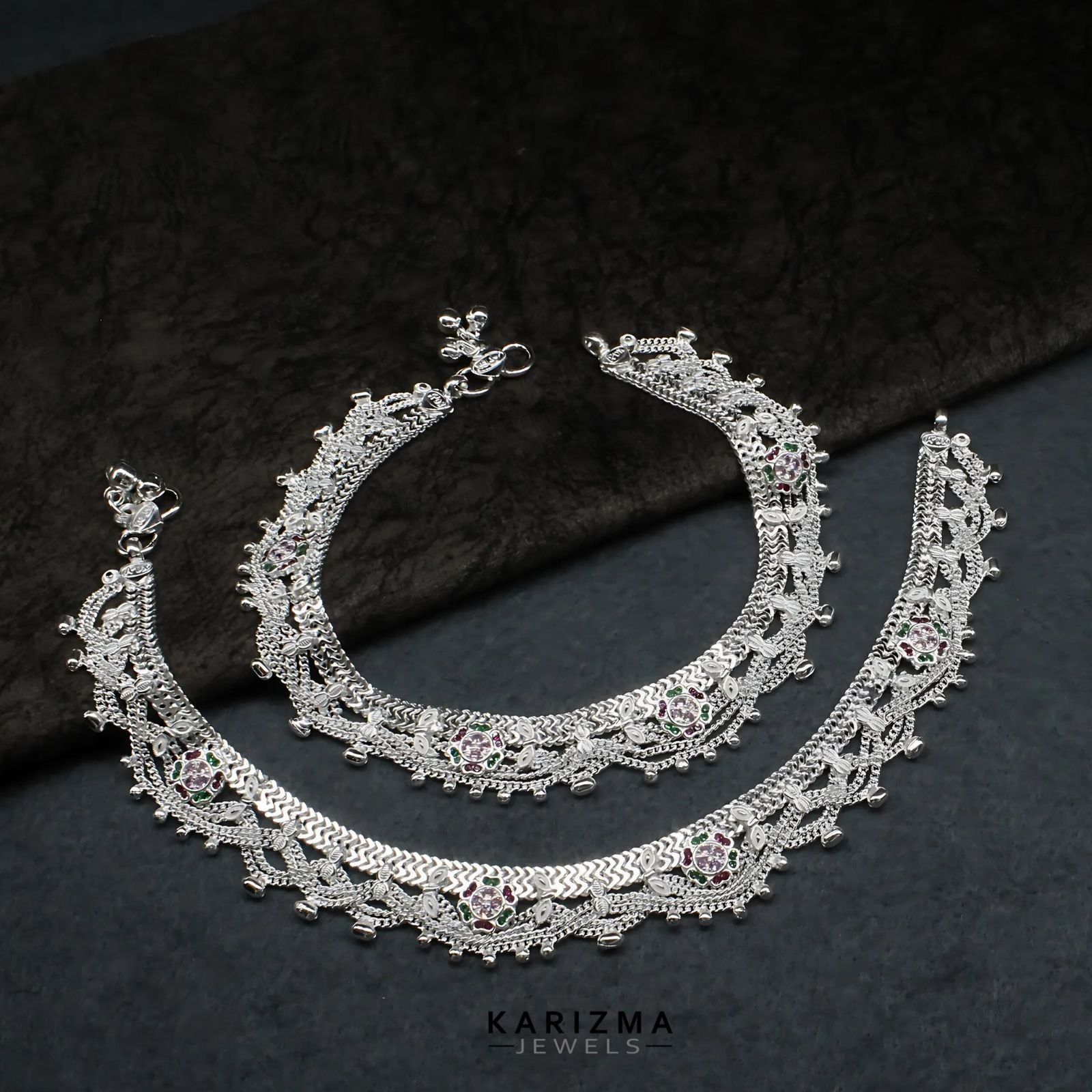 Real Sterling Silver Indian women brides design Multi CZ Anklet Ankle Bracelet 10.3"