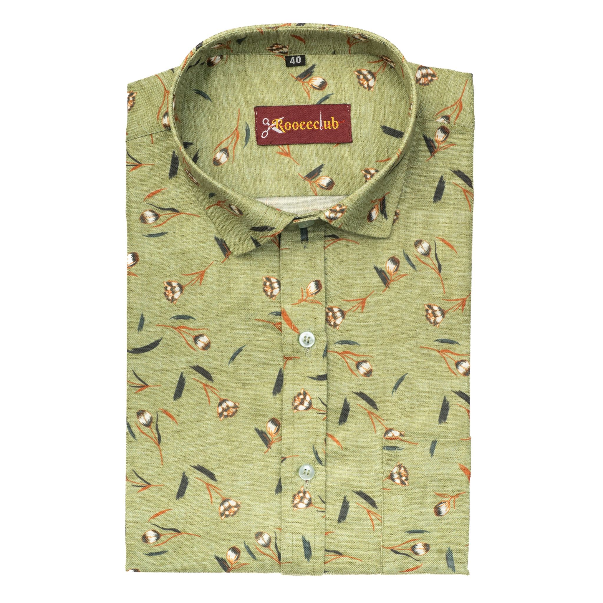 Green Leaf Color Printed Color Cotton Shirts-M (38 Inch) (98 CM) / Full
