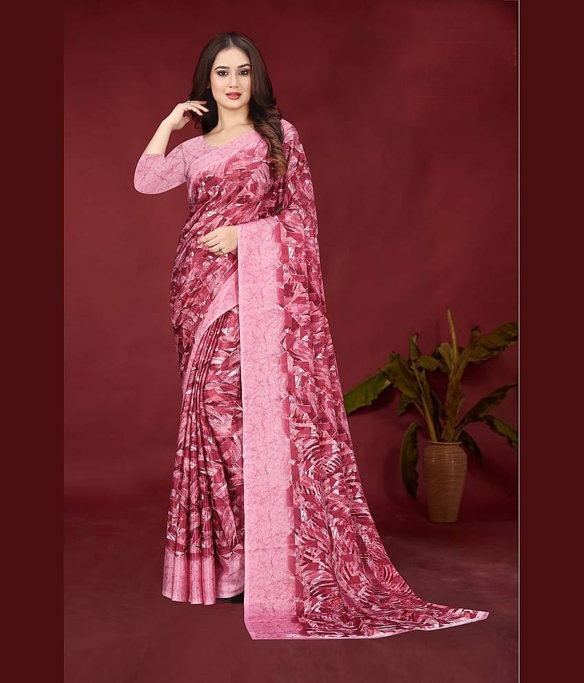 JIHANA FAB Chiffon Printed Saree With Unstitched Blouse Piece ( Pink )
