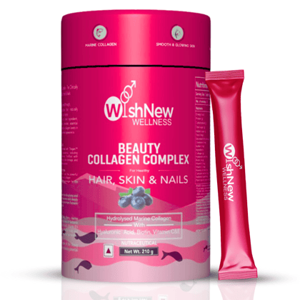 WishNew Wellness BEAUTY COLLAGEN COMPLEX | Radiant Hair, Skin & Nails | 21 Sachets with Collagen, Hyaluronic Acid, Biotin, Vitamins E & C, Rosehip & Curcumin Extracts | Enhanced Absorption Formul
