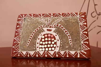 Handcrafted Tulip Tribal Art Wall Decor, Terracotta Stone Plaque with Pomegranate Design, Traditional Indian Warli Pattern Handcrafted Tulip Tribal Art Wall Decor, Terracotta Stone Plaque with Pomegranate Design, Traditional Indian Warli Pattern