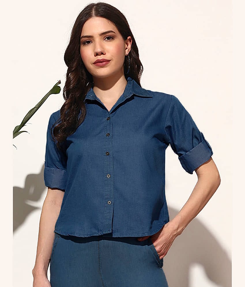 Addyvero Women Solid Denim Shirt ( Navy Blue )