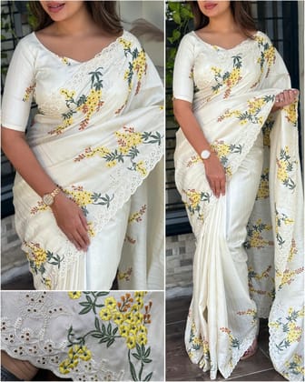 New Tussar Cotton Embroidery With Cut Work Festive Wear Fancy Designer Saree With Blouse-White