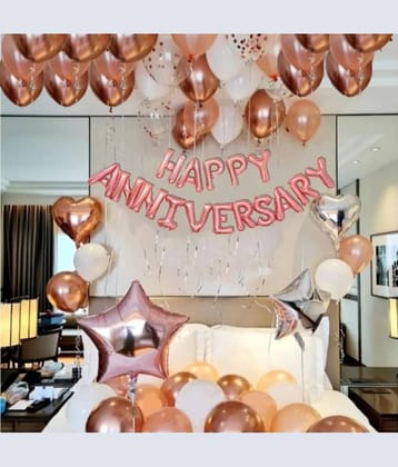 PartyBooms Happy Anniversary RoseGold Foil Decoration Item, 1 RoseGold Star &1 RoseGold Heart,1 Silver Star & 1 Silver Heart & 20 RoseGold Balloon & 5 Confetti Balloons (Pack of 46)