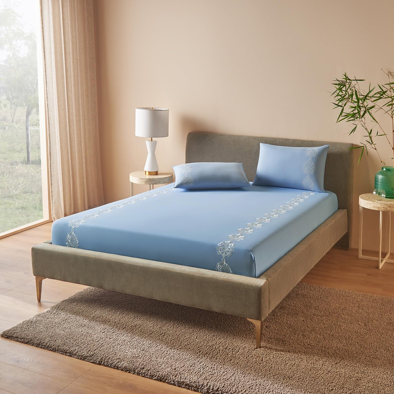 DDECOR - Embellish Collection 100% Cotton Damask Pattern 180TC Super King |274 CM X 274 CM| with 2 Pillow Covers - Blue