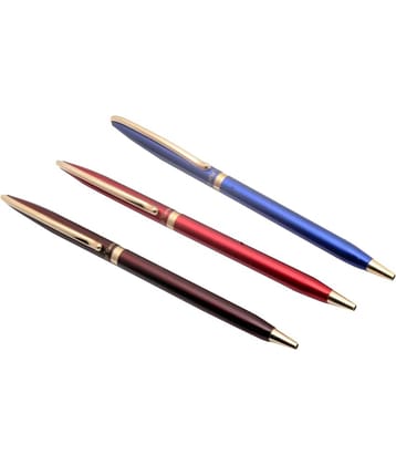 Set Of 3 - Realto Carnival Sleek Metal Body Ballpoint Pens With Golden Trims New