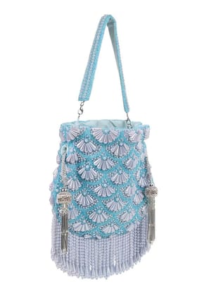 Baby Blue Silk Pearl Embroidered Potli
