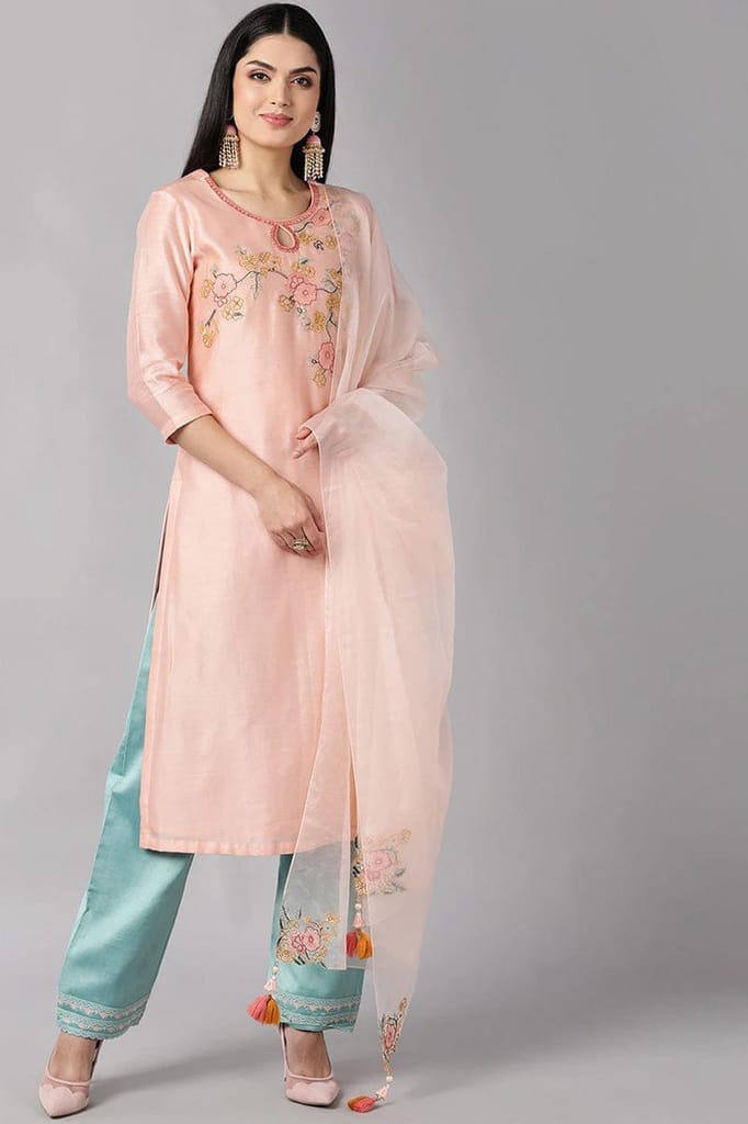 Peach Poly Silk Straight Kurta Pant With Dupatta VKSKD1296 - Kurtas & Kurta Sets | Buy online on ZillyBuy