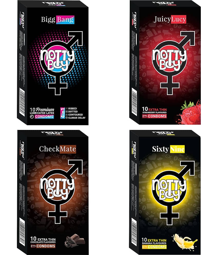 NottyBoy Combo Pack Ribs Dots Contour Extra Delay Strawberry Chocolate and Banana Flavour Condoms - 40 Unit