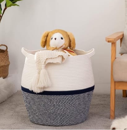 Generic Cotton Matka 14x12 Inch Storage Basket For Clothes With Out Lid (Gray-White)-PID66436