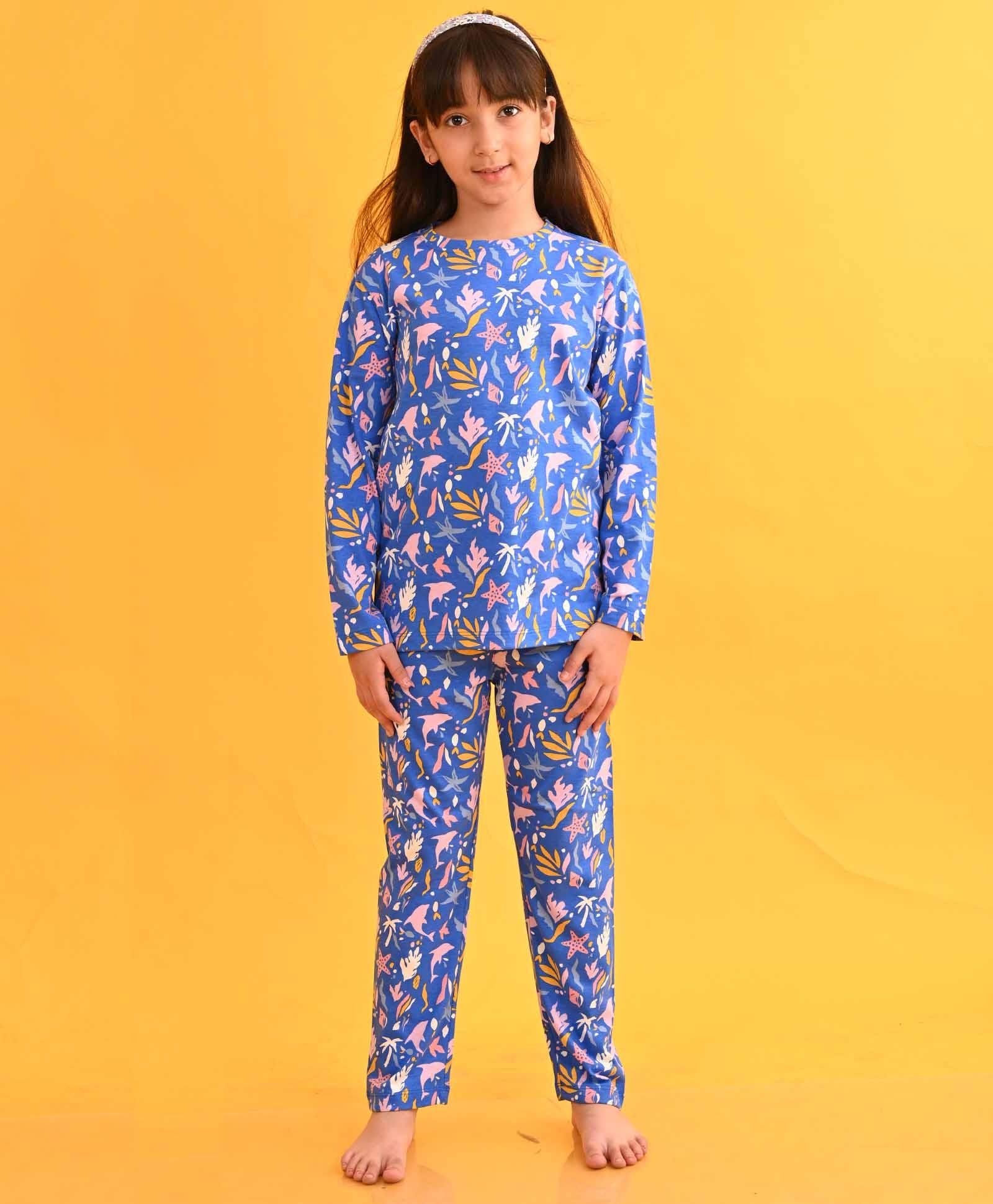 SEA WORLD LONG SLEEVES GIRLS PYJAMA SET - BLUE-0-6 MONTHS / 2N / BLUE
