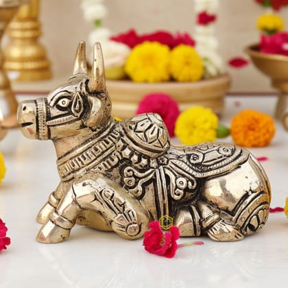 Brass Showpiece Nandi God Idol Statue - Handmade Puja Room Statue, Height : 3.7 Inch (BSMAS1530 G)