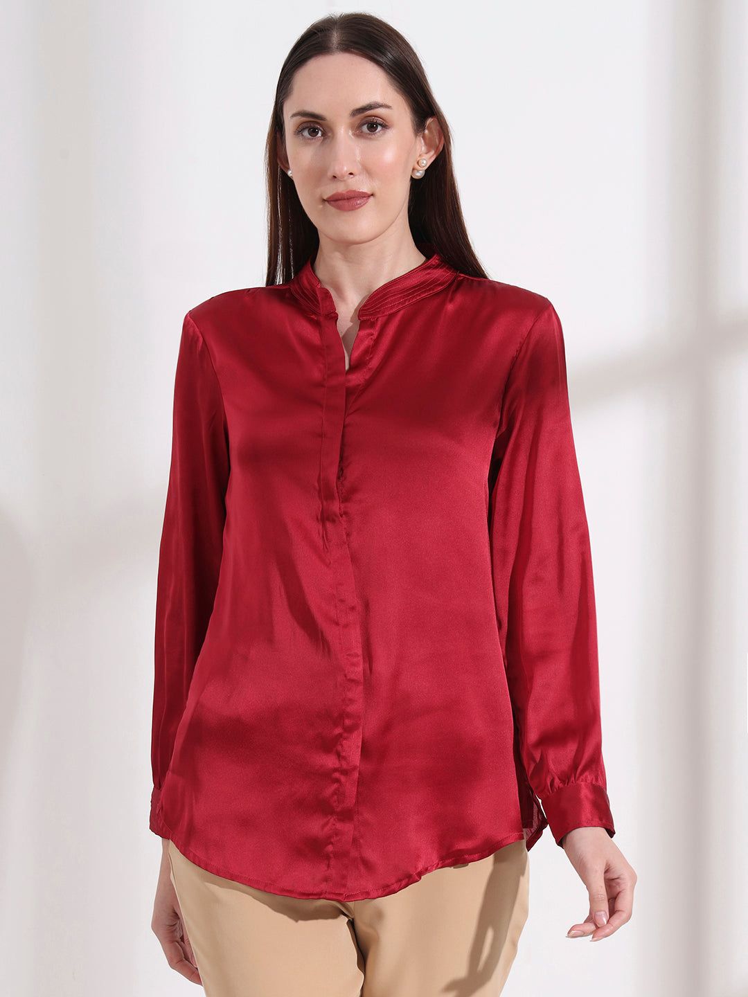 Summer Satin Maroon Mandarin Collar Shirt-S / MAROON