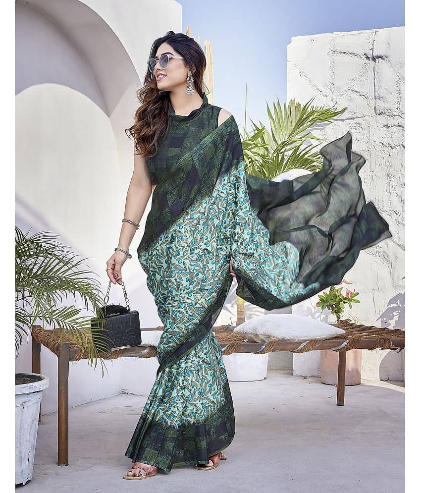 Yashika Silk Blend Printed Saree With Unstitched Blouse Piece ( Sea Green )