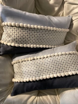 KRI India Snow Denim Stripe Panelled Cushion Cover 12x18" | Denim Blue & White | Wash & Care | 100% Cotton | Handcrafted in India. 100% organic & natural.