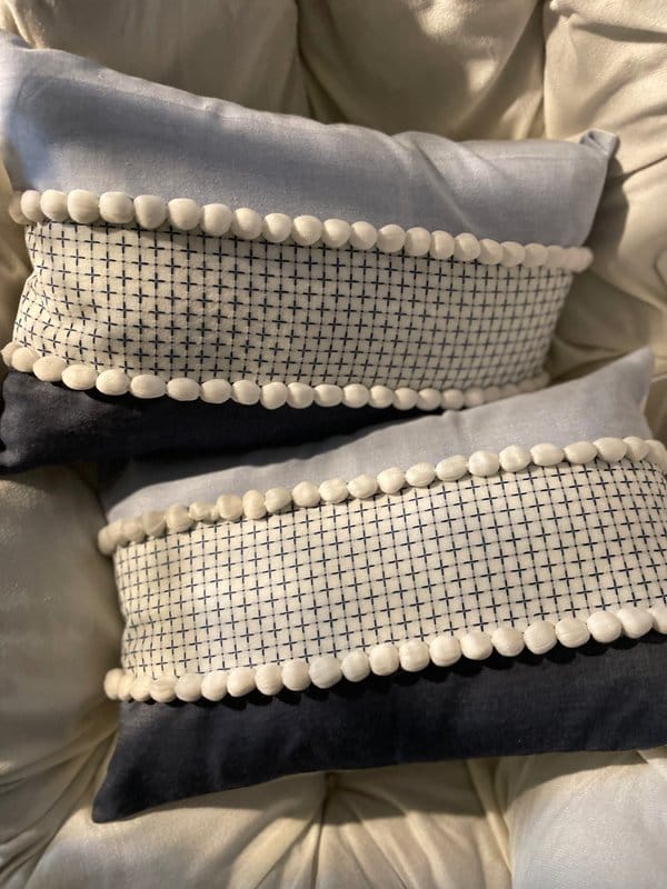 KRI India Snow Denim Stripe Panelled Cushion Cover 12x18" | Denim Blue & White | Wash & Care | 100% Cotton | Handcrafted in India. 100% organic & natural.