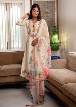 Ivory Bloom Embroidered Silk Suit-Set of 3-S