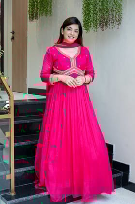 Amiya Hot Pink Mirror Work Anarkali with Dupatta-L