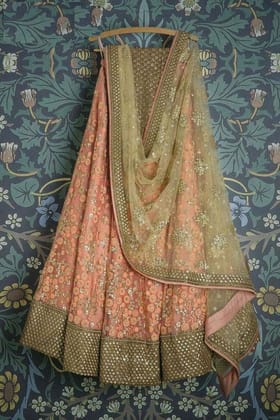 Fancy Peach Color Embroidered Semi Stitched Lahenga Choli