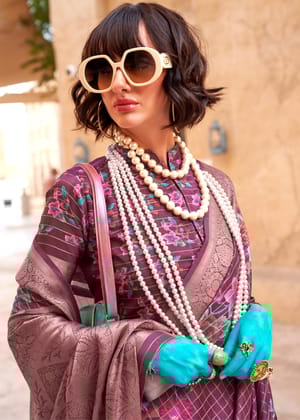 Wine Purple Georgette Silk Saree With Floral Print