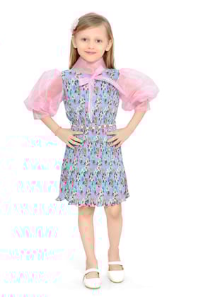 Be:Kids Enchanted Garden Girls' Floral Pleated Dress with Sheer Pink Puff Sleeves