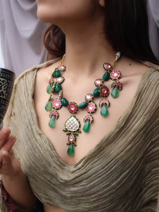 Rivah Red-Green Kundan Necklace-Green