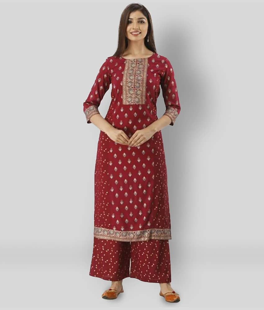 MAUKA - Maroon Straight Rayon Women's Stitched Salwar Suit ( Pack of 1 )