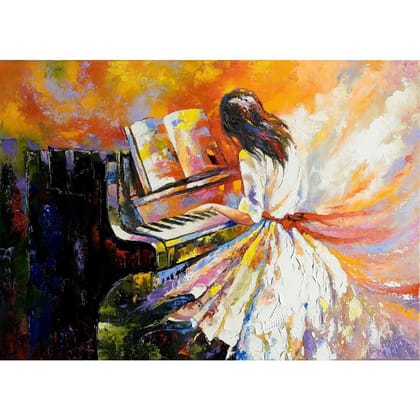 Pitaara Box Girl Playing On The Piano Canvas Painting Synthetic Frame-MDF Mount Frame / 16.8inch x 12inch (42.7cms x 30.5cms)