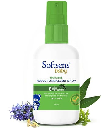 Softsens Baby Natural Mosquito Repellent Spray 100ml |DEET Free, Eucalyptus, Citronella & lemongrass