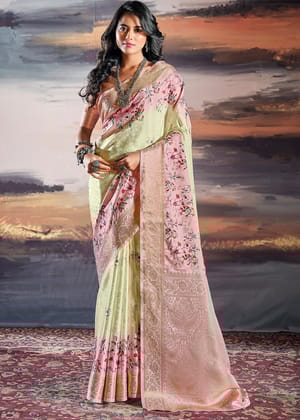Yellow And Pink Banarasi Satin Silk Saree With Digital Print