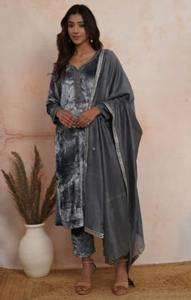 Steel Grey Embroidered Velvet Kurta Set of 3-S
