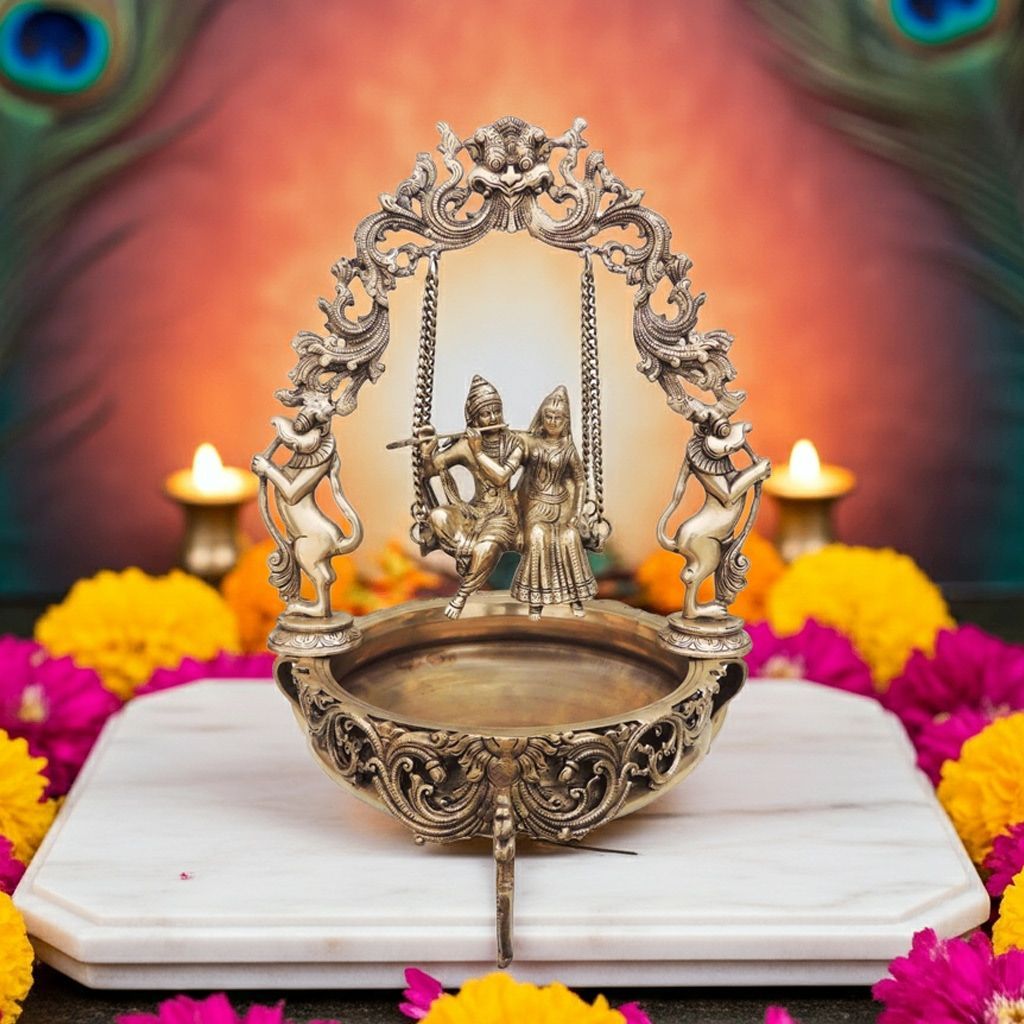 Brass Radha Krishna Urli - Traditional Decorative Puja Bowl, Height : 21.5 Inch (BSMAS012 R)