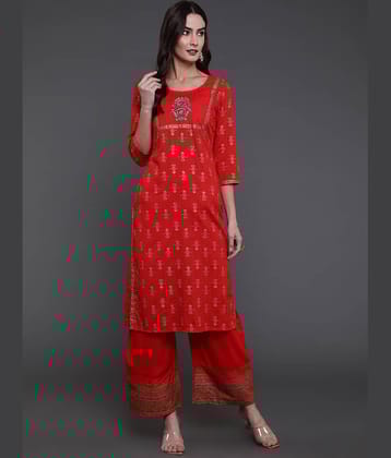 Antaran Rayon Embroidered Kurti With Pants Women's Stitched Salwar Suit - Red ( Pack of 2 )