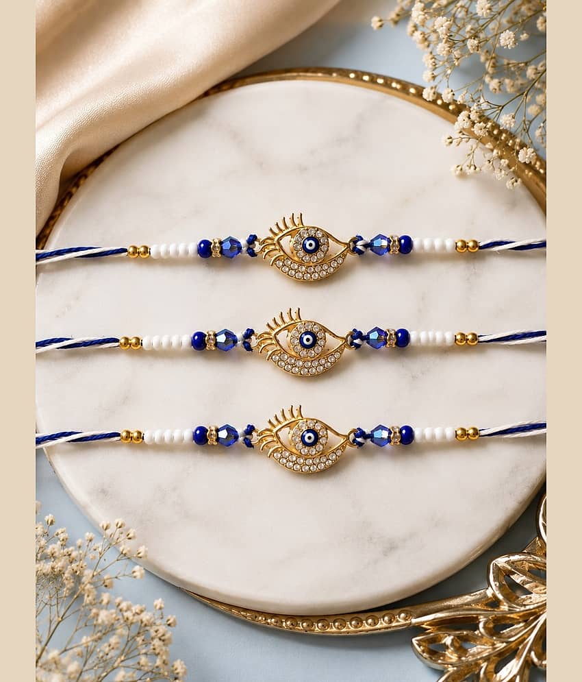 Rhosyn Designer 3 × Evil Eye (Nazar) Rakhis 1 × Greeting Card 1 × Small Roli Pack Adjustable Rakhi ( Pack of 3 , Blue )
