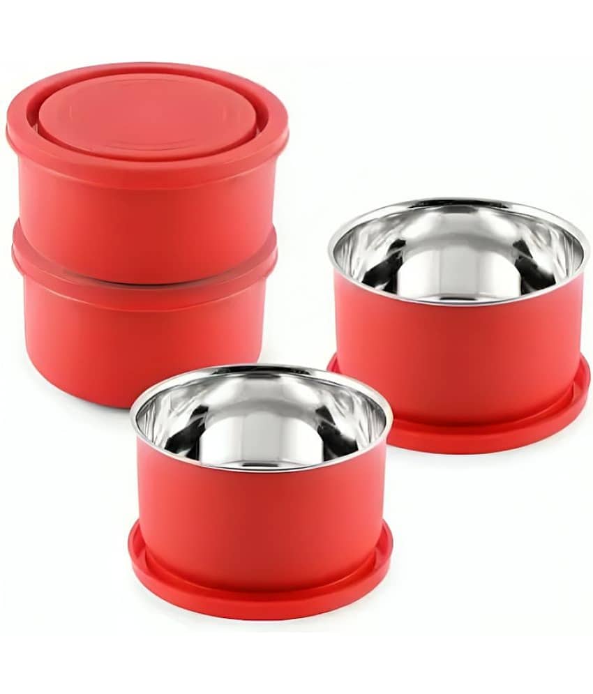 Kitcorner Alexa Microwave Safe Steel Red Food Container ( Set of 4 )