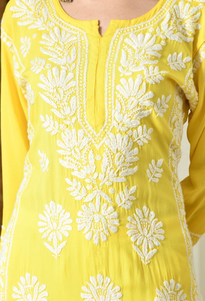 Sunshine Yellow Modal Hand-Embroidered Chikankari Kurta with Elegant White Floral Design