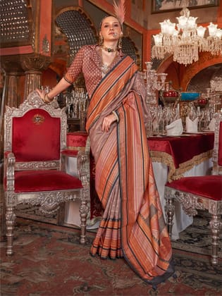 LightBrown Soft Silk Stripped Patola Saree For Women