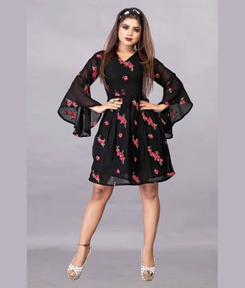 JULEE Women Georgette Printed Fit & Flare Dress ( Black )