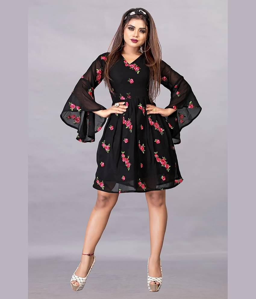 JULEE Women Georgette Printed Fit & Flare Dress ( Black )