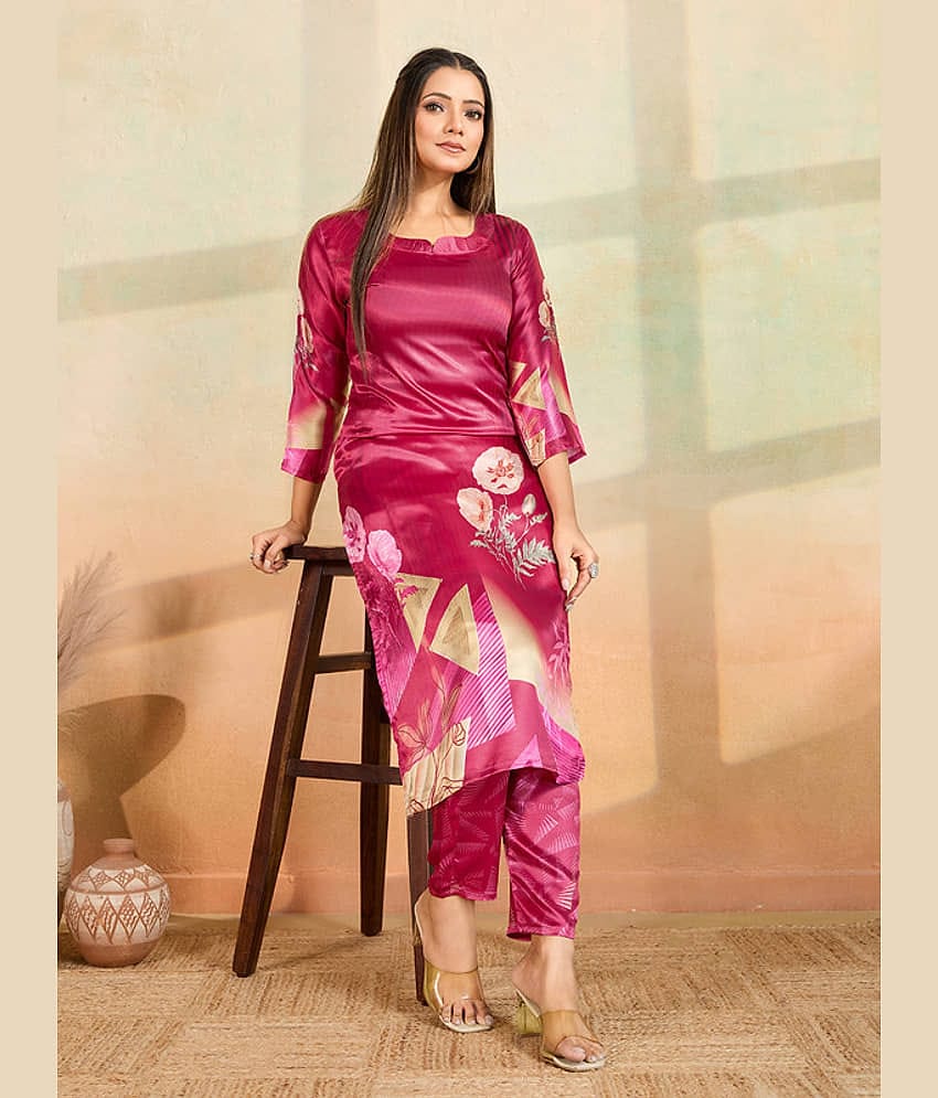 Women Basket Women Rayon Printed Straight Kurti With Pants ( Pink )
