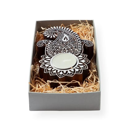Hand Block Carved T Light Holder 5 point 5 x 4 Inch Seesham Wood Paisley Design